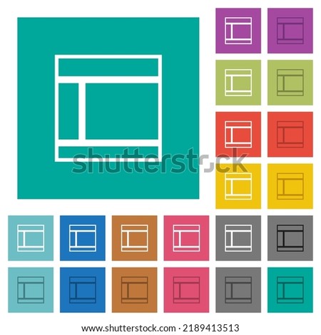 Two columned web layout outline multi colored flat icons on plain square backgrounds. Included white and darker icon variations for hover or active effects.