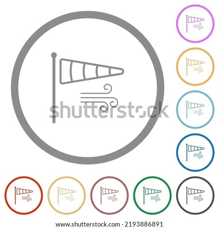 Windsock indicator with wind outline flat color icons in round outlines on white background