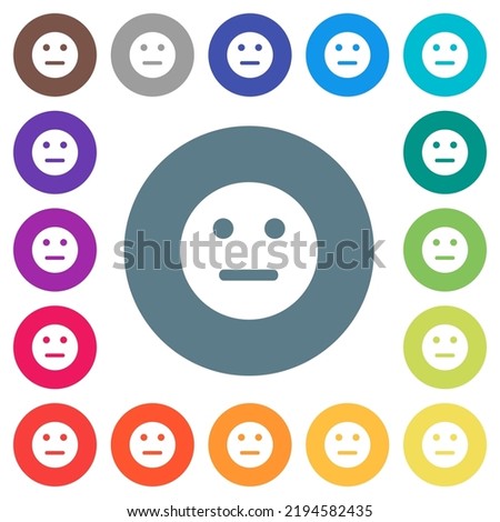 Neutral emoticon solid flat white icons on round color backgrounds. 17 background color variations are included.