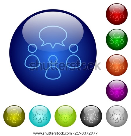 Three talking persons with oval bubble outline icons on round glass buttons in multiple colors. Arranged layer structure