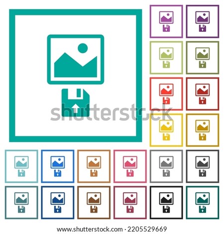 Upload image from floppy disk flat color icons with quadrant frames on white background