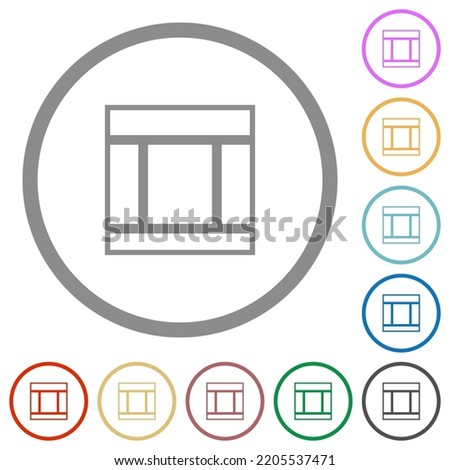 Three columned web layout outline flat color icons in round outlines on white background