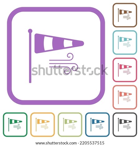 Windsock indicator with wind solid simple icons in color rounded square frames on white background