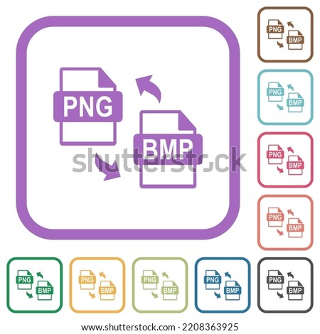 PNG BMP file conversion simple icons in color rounded square frames on white background