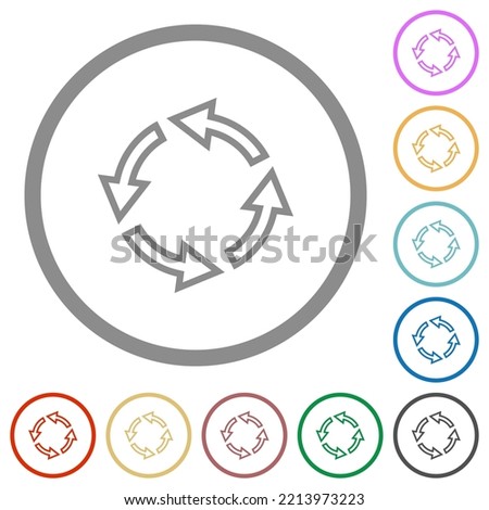 Rotate left outline flat color icons in round outlines on white background