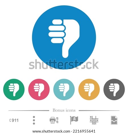 Right handed thumbs down solid flat white icons on round color backgrounds. 6 bonus icons included.