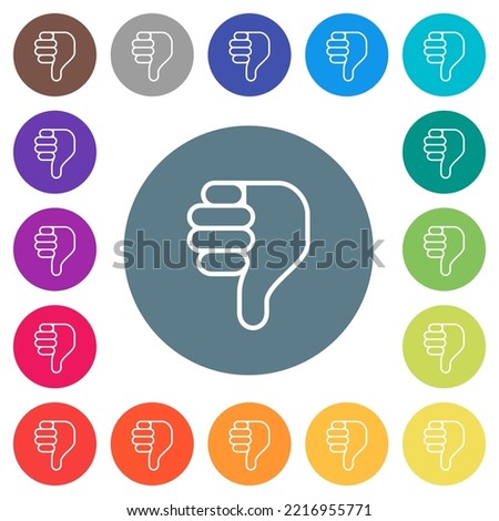 Right handed thumbs down outline flat white icons on round color backgrounds. 17 background color variations are included.