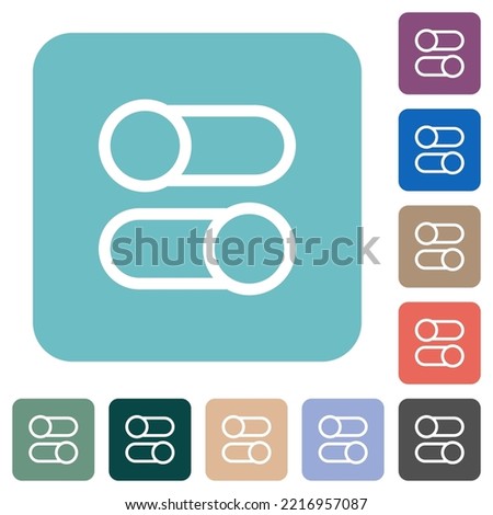 Horizontal toggle switches outline white flat icons on color rounded square backgrounds