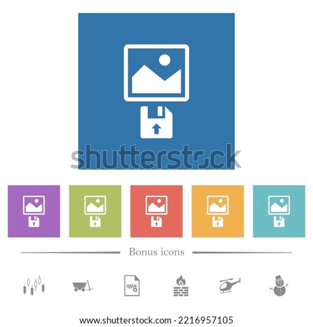 Upload image from floppy disk flat white icons in square backgrounds. 6 bonus icons included.