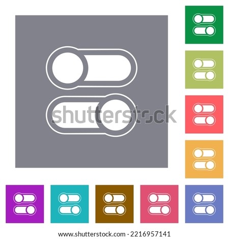 Horizontal toggle switches alternate flat icons on simple color square backgrounds