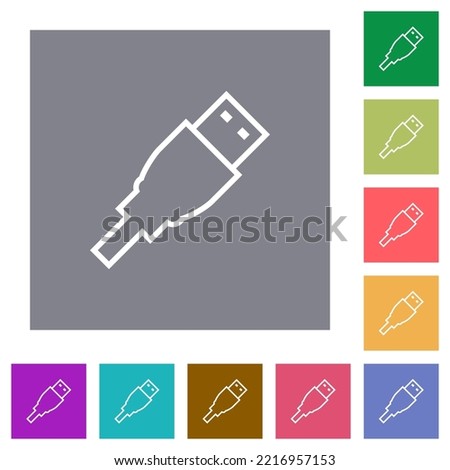 USB plug outline flat icons on simple color square backgrounds