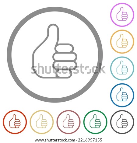 Left handed thumbs up outline flat color icons in round outlines on white background