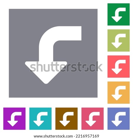 Left bottom side turn arrow solid flat icons on simple color square backgrounds