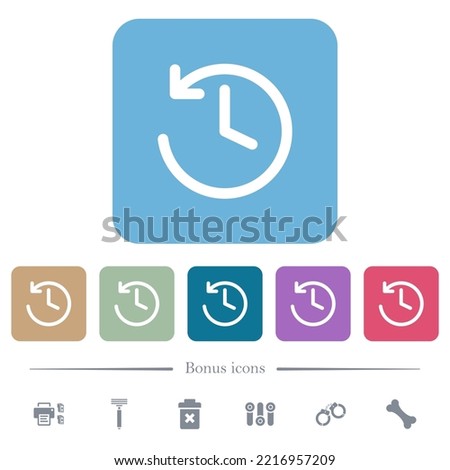 Circle shaped backward arrow and clock white flat icons on color rounded square backgrounds. 6 bonus icons included