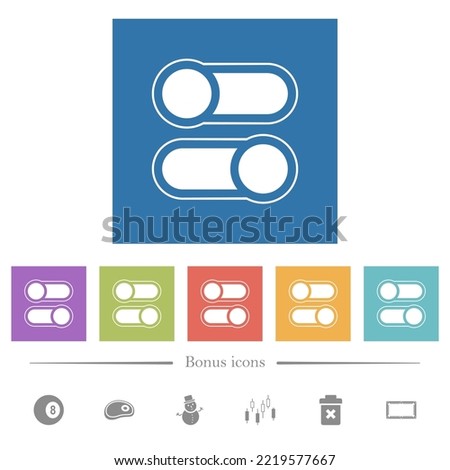 Horizontal toggle switches alternate flat white icons in square backgrounds. 6 bonus icons included.