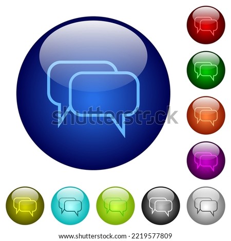 Two rounded square chat bubbles outline icons on round glass buttons in multiple colors. Arranged layer structure