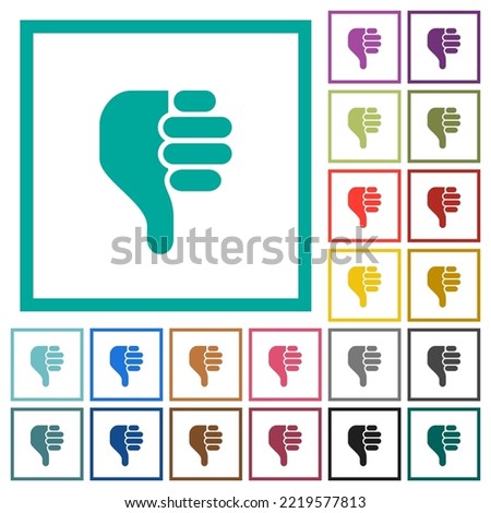 left handed thumbs down solid flat color icons with quadrant frames on white background