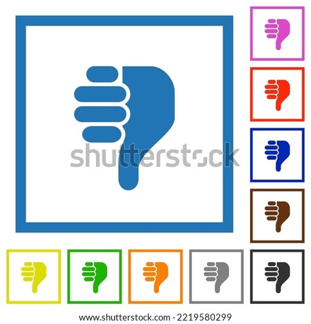 Right handed thumbs down solid flat color icons in square frames on white background