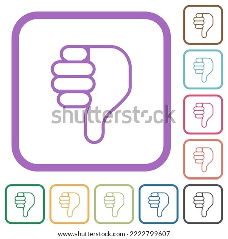 Right handed thumbs down outline simple icons in color rounded square frames on white background