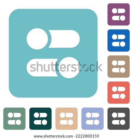 Horizontal toggle switches solid white flat icons on color rounded square backgrounds