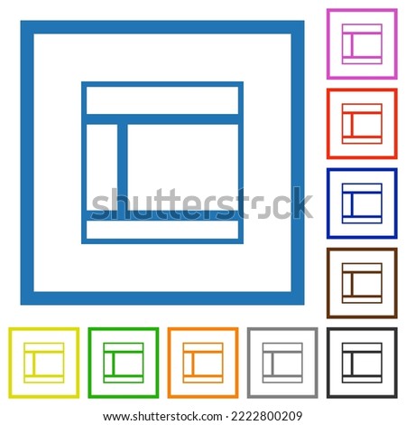 Two columned web layout outline flat color icons in square frames on white background