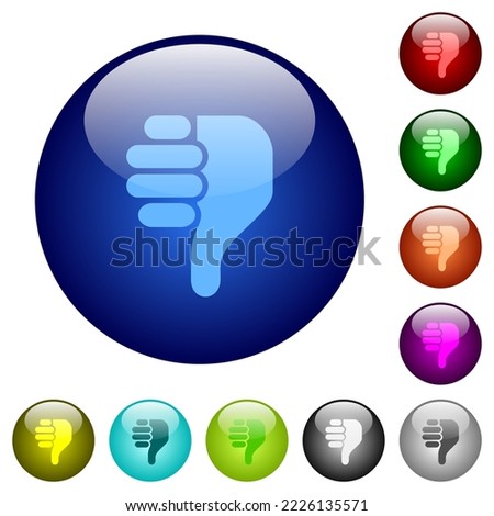 Right handed thumbs down solid icons on round glass buttons in multiple colors. Arranged layer structure