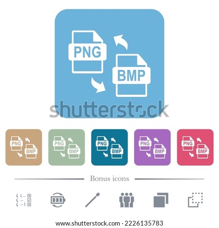 PNG BMP file conversion white flat icons on color rounded square backgrounds. 6 bonus icons included