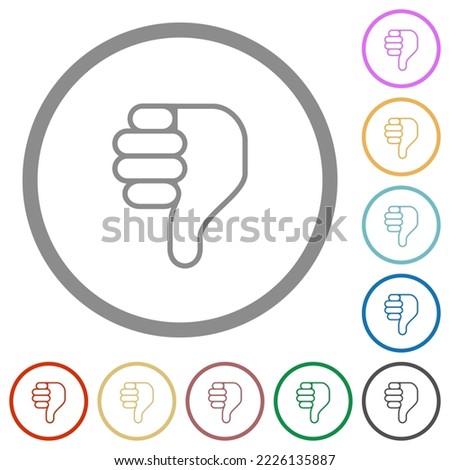 Right handed thumbs down outline flat color icons in round outlines on white background