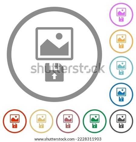 Upload image from floppy disk flat color icons in round outlines on white background
