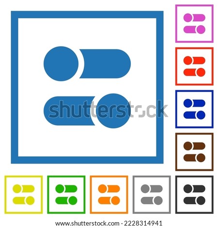 Horizontal toggle switches solid flat color icons in square frames on white background