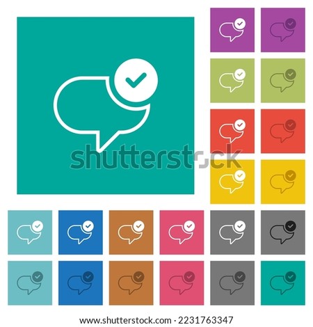 Message sent multi colored flat icons on plain square backgrounds. Included white and darker icon variations for hover or active effects.
