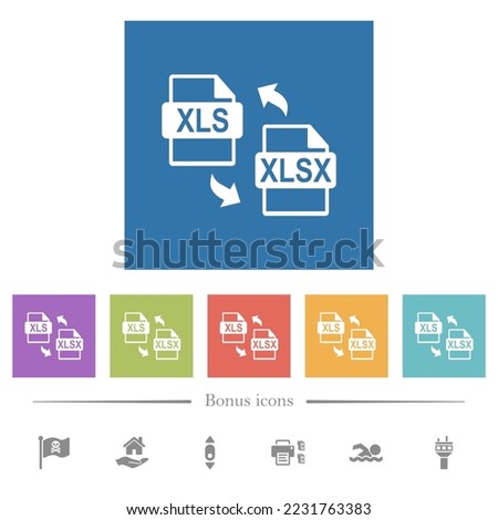 XLS XLSX file conversion flat white icons in square backgrounds. 6 bonus icons included.