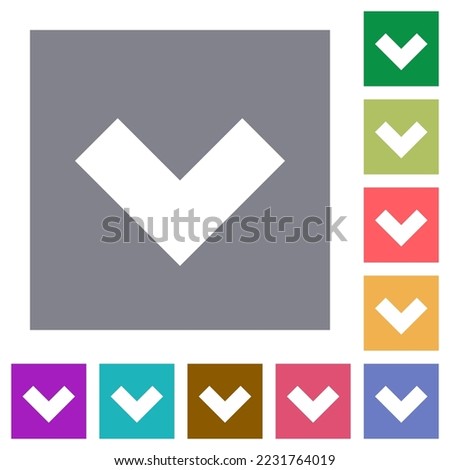 Bottom angle arrow solid flat icons on simple color square backgrounds