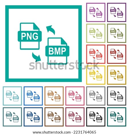 PNG BMP file conversion flat color icons with quadrant frames on white background