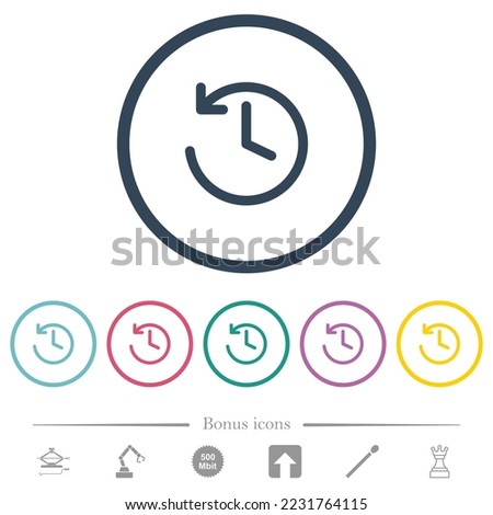 Circle shaped backward arrow and clock flat color icons in round outlines. 6 bonus icons included.