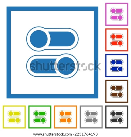 Horizontal toggle switches alternate flat color icons in square frames on white background