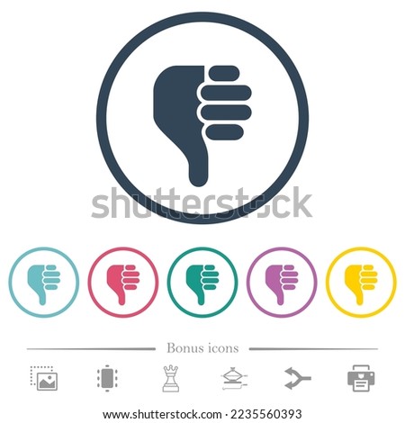 left handed thumbs down solid flat color icons in round outlines. 6 bonus icons included.