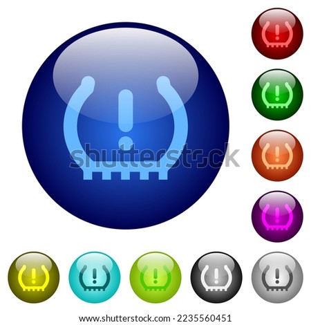 Car tire pressure warning indicator icons on round glass buttons in multiple colors. Arranged layer structure