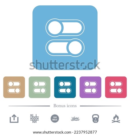 Horizontal toggle switches alternate white flat icons on color rounded square backgrounds. 6 bonus icons included