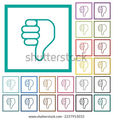 Right handed thumbs down outline flat color icons with quadrant frames on white background