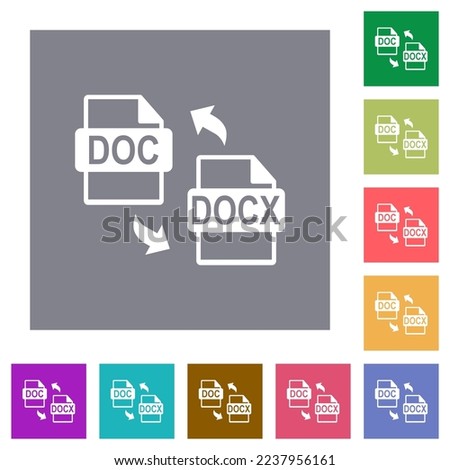 DOC DOCX file conversion flat icons on simple color square backgrounds