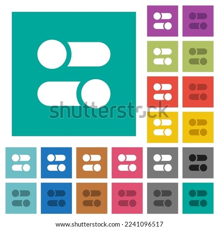 Horizontal toggle switches solid multi colored flat icons on plain square backgrounds. Included white and darker icon variations for hover or active effects.