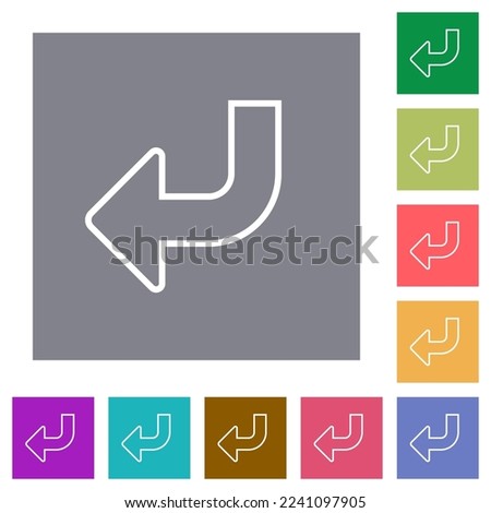Bottom left side turn arrow solid flat icons on simple color square backgrounds