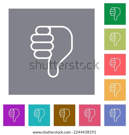 Right handed thumbs down outline flat icons on simple color square backgrounds