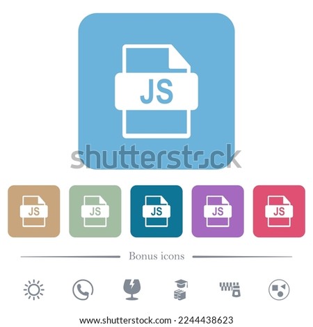 JS file format white flat icons on color rounded square backgrounds. 6 bonus icons included