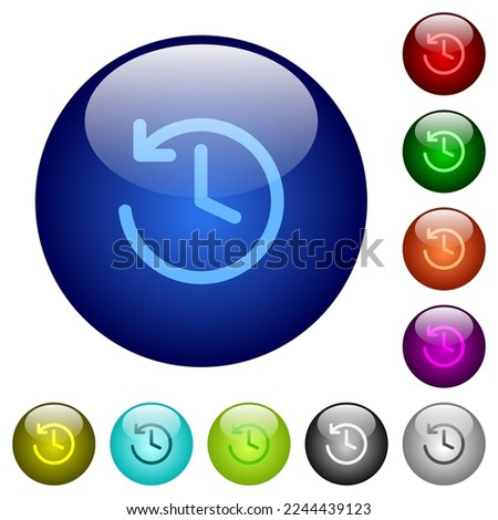 Circle shaped backward arrow and clock icons on round glass buttons in multiple colors. Arranged layer structure