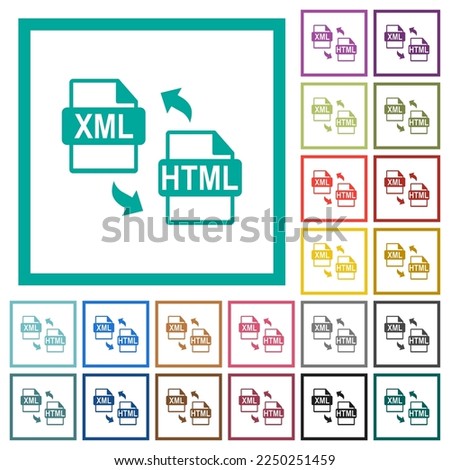 XML HTML file conversion flat color icons with quadrant frames on white background