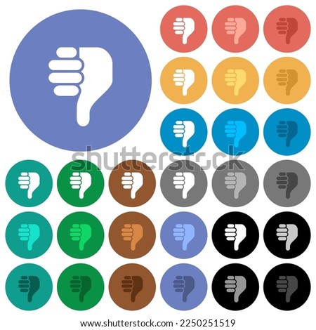 Right handed thumbs down solid multi colored flat icons on round backgrounds. Included white, light and dark icon variations for hover and active status effects, and bonus shades.
