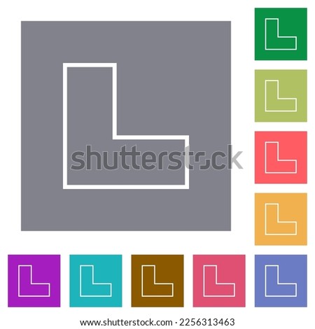 Bottom left angle arrow outline flat icons on simple color square backgrounds