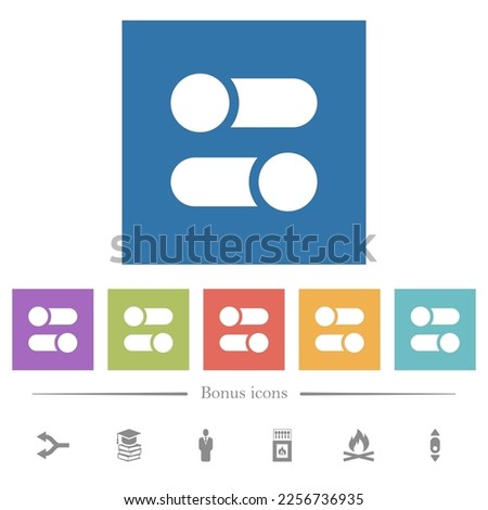 Horizontal toggle switches solid flat white icons in square backgrounds. 6 bonus icons included.